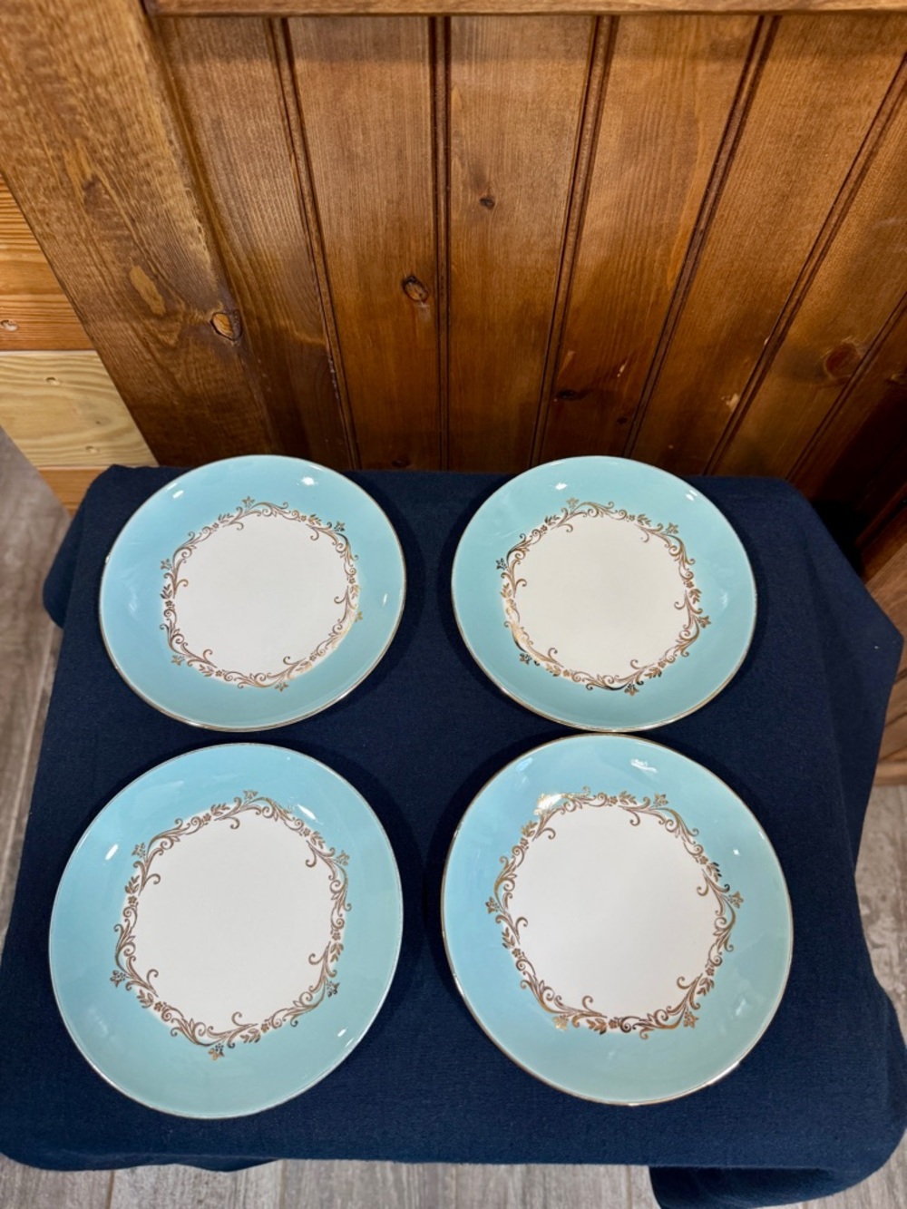 Vintage Lifetime China Gold Crown Aqua and Gold Trim Dessert Plates - Set of 4